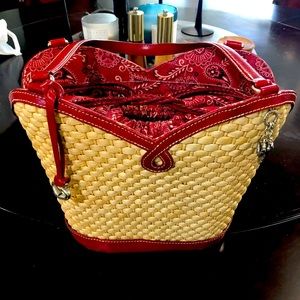 Brighton Straw bucket w/ red bandana interior